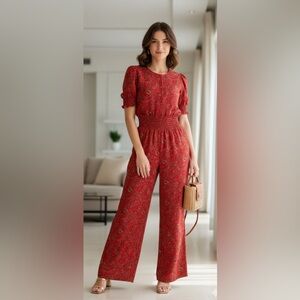 Max Studio Womens Short Sleeve Smocked Waist Floral Jumpsuit